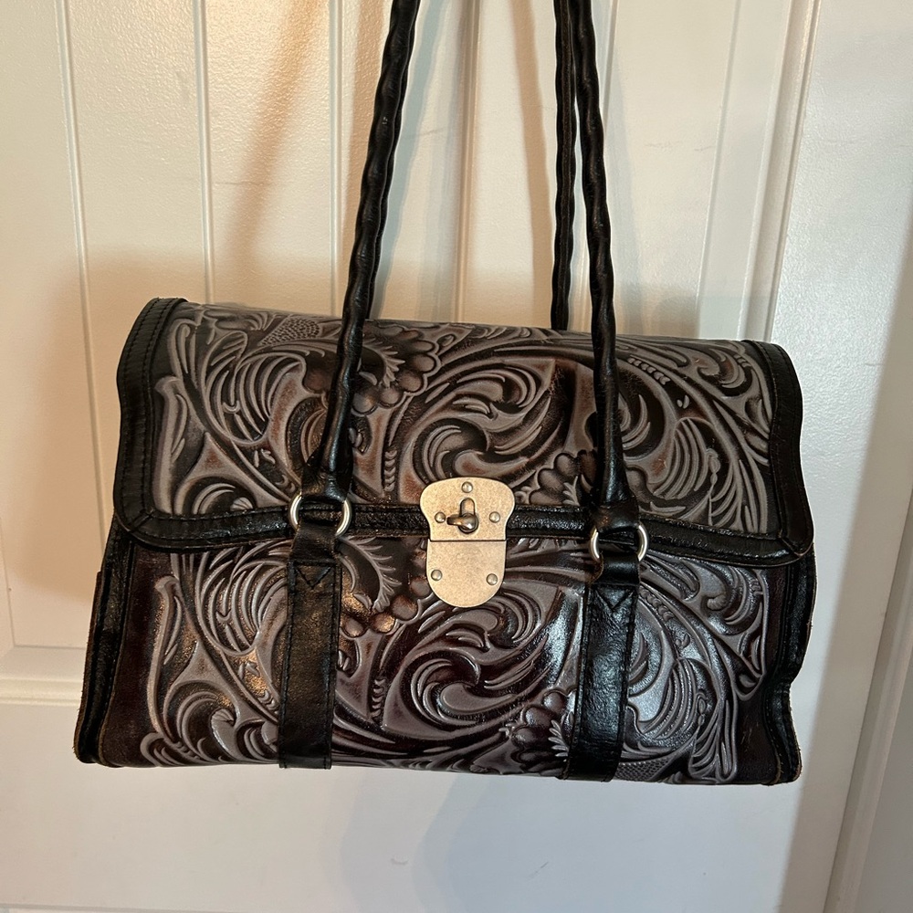 Patricia Nash Black and Grey tooled Leather bag